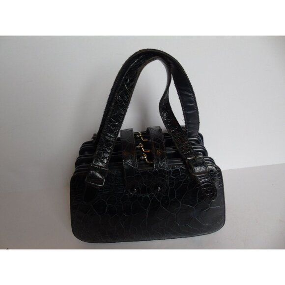 Vintage 1960's Blue Alligator Handbag Made In Italy Gold Tone Hardware - Picture 3 of 10